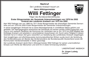 Traueranzeige von Willi Fettinger von Gesamtausgabe