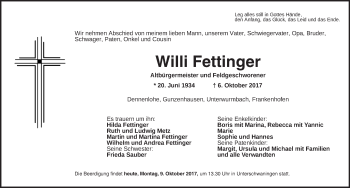 Traueranzeige von Willi Fettinger von Dinkelsbühl/ Feuchtwangen