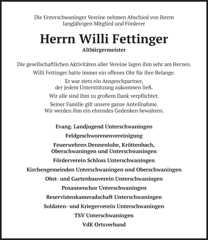  Traueranzeige für Willi Fettinger vom 09.10.2017 aus Dinkelsbühl/ Feuchtwangen