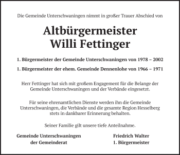 Traueranzeige von Willi Fettinger von Dinkelsbühl/ Feuchtwangen