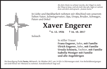 Traueranzeige von Xaver Engerer von Dinkelsbühl/ Feuchtwangen