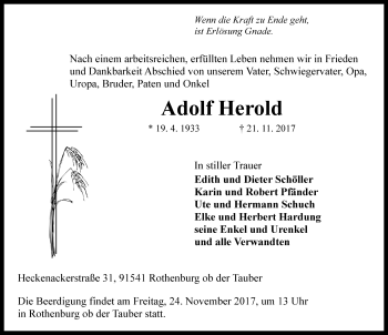 Traueranzeige von Adolf Herold von Rothenburg