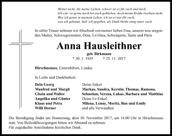 Traueranzeige von Anna Hausleithner von Neustadt/ Scheinfeld/ Uffenheim