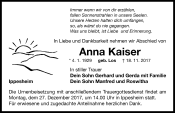 Traueranzeige von Anna Kaiser von Neustadt/ Scheinfeld/ Uffenheim