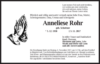 Traueranzeige von Anneliese Rohr von Ansbach