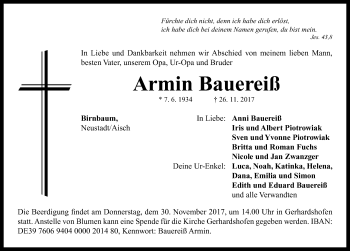 Traueranzeige von Armin Bauereiß von Neustadt/ Scheinfeld/ Uffenheim