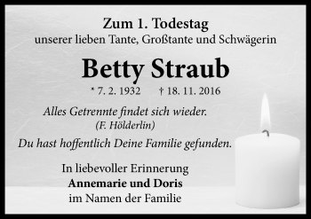 Traueranzeige von Betty Straub von Neustadt/ Scheinfeld/ Uffenheim