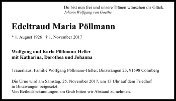 Traueranzeige von Edeltraud Maria Pöllmann von Rothenburg