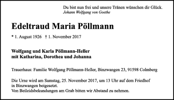 Traueranzeige von Edeltraud Maria Pöllmann von Ansbach