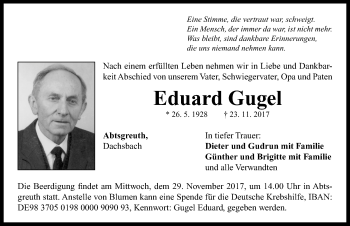 Traueranzeige von Eduard Gugel von Neustadt/ Scheinfeld/ Uffenheim