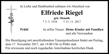 Traueranzeige von Elfriede Riegel von Neustadt/ Scheinfeld/ Uffenheim