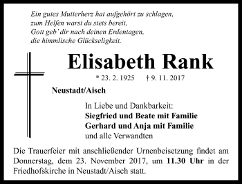 Traueranzeige von Elisabeth Rank von Neustadt/ Scheinfeld/ Uffenheim