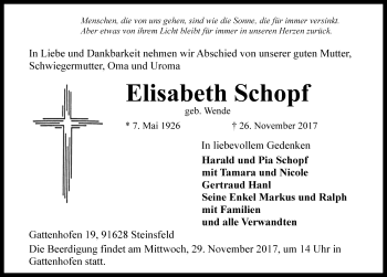 Traueranzeige von Elisabeth Schopf von Rothenburg