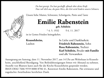 Traueranzeige von Emilie Rabenstein von Neustadt/ Scheinfeld/ Uffenheim