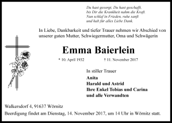 Traueranzeige von Emma Baierlein von Rothenburg