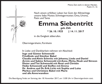 Traueranzeige von Emma Siebentritt von Dinkelsbühl/ Feuchtwangen