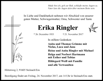 Traueranzeige von Erika Ringler von Rothenburg