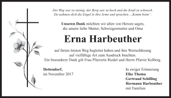 Traueranzeige von Erna Harbeuther von Neustadt/ Scheinfeld/ Uffenheim