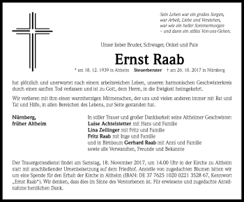 Traueranzeige von Ernst Raab von Neustadt/ Scheinfeld/ Uffenheim