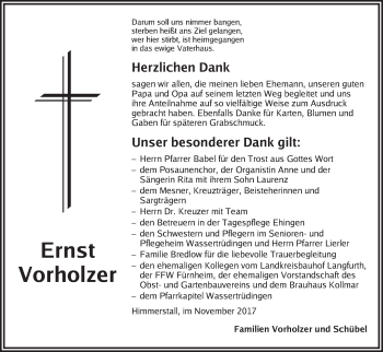 Traueranzeige von Ernst Vorholzer von Dinkelsbühl/ Feuchtwangen