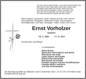 Traueranzeige von Ernst Vorholzer von Dinkelsbühl/ Feuchtwangen