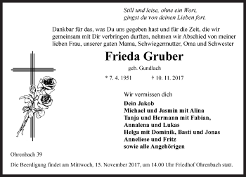 Traueranzeige von Frieda Gruber von Rothenburg