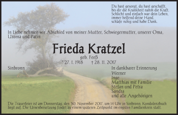 Traueranzeige von Frieda Kratzel von Dinkelsbuhl/ Feuchtwangen