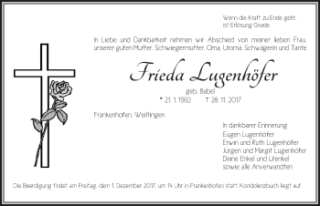 Traueranzeige von Frieda Lugenhöfer von Dinkelsbuhl/ Feuchtwangen