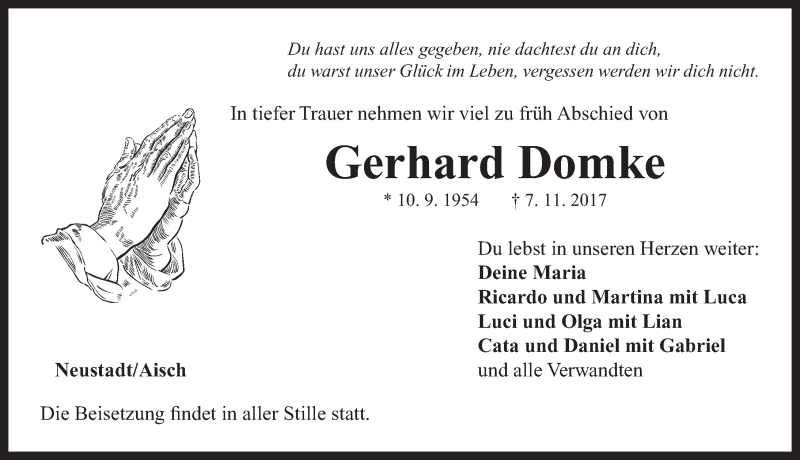  Traueranzeige für Gerhard Domke vom 11.11.2017 aus Neustadt/ Scheinfeld/ Uffenheim