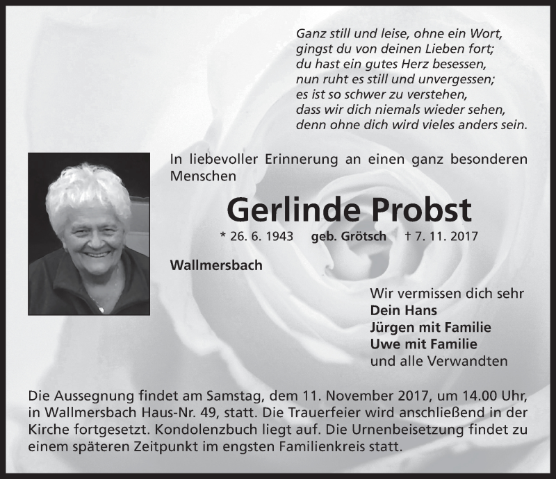  Traueranzeige für Gerlinde Probst vom 10.11.2017 aus Neustadt/ Scheinfeld/ Uffenheim