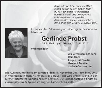 Traueranzeige von Gerlinde Probst von Neustadt/ Scheinfeld/ Uffenheim