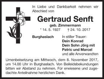 Traueranzeige von Gertraud Senft von Neustadt/ Scheinfeld/ Uffenheim