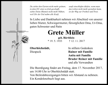 Traueranzeige von Grete Müller von Neustadt/ Scheinfeld/ Uffenheim