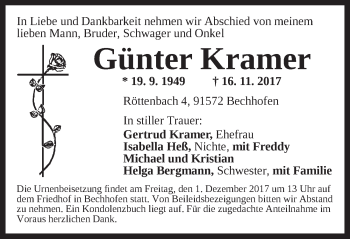 Traueranzeige von Günter Kramer von Dinkelsbuhl/ Feuchtwangen