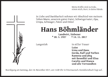 Traueranzeige von Hans Böhmländer von Ansbach