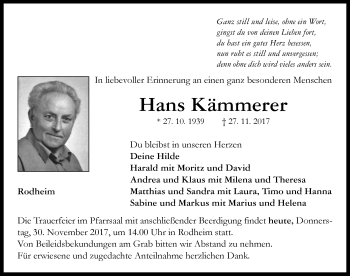 Traueranzeige von Hans Kämmerer von Neustadt/ Scheinfeld/ Uffenheim