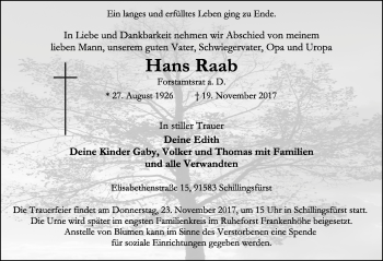 Traueranzeige von Hans Raab von Ansbach