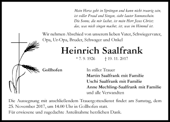 Traueranzeige von Heinrich Saalfrank von Neustadt/ Scheinfeld/ Uffenheim