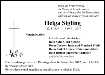 Traueranzeige von Helga Sigling von Neustadt/ Scheinfeld/ Uffenheim