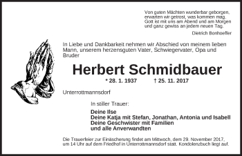 Traueranzeige von Herbert Schmidbauer von Ansbach