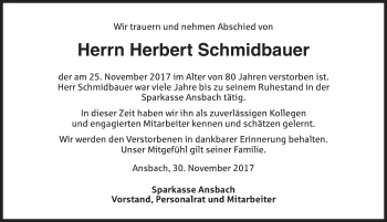 Traueranzeige von Herbert Schmidbauer von Ansbach