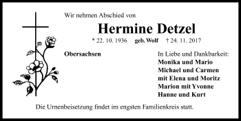 Traueranzeige von Hermine Detzel von Neustadt/ Scheinfeld/ Uffenheim