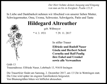 Traueranzeige von Hildegard Altreuther von Rothenburg