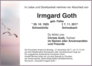 Traueranzeige von Irmgard Goth von Ansbach