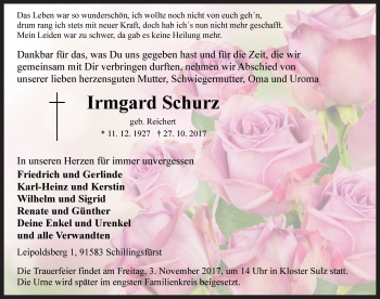 Traueranzeige von Irmgard Schurz von Rothenburg