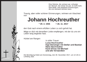 Traueranzeige von Johann Hochreuther von Ansbach