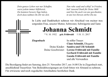 Traueranzeige von Johanna Schmidt von Neustadt/ Scheinfeld/ Uffenheim