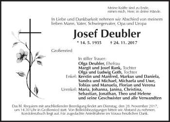 Traueranzeige von Josef Deubler von Dinkelsbühl/ Feuchtwangen