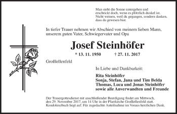 Traueranzeige von Josef Steinhöfer von Ansbach