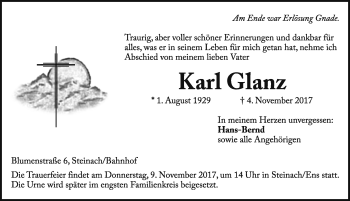 Traueranzeige von Karl Glanz von Rothenburg